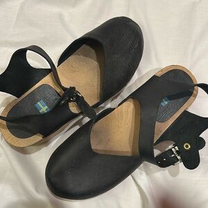Mia Clogs, wood sole, black leather, Sz 40